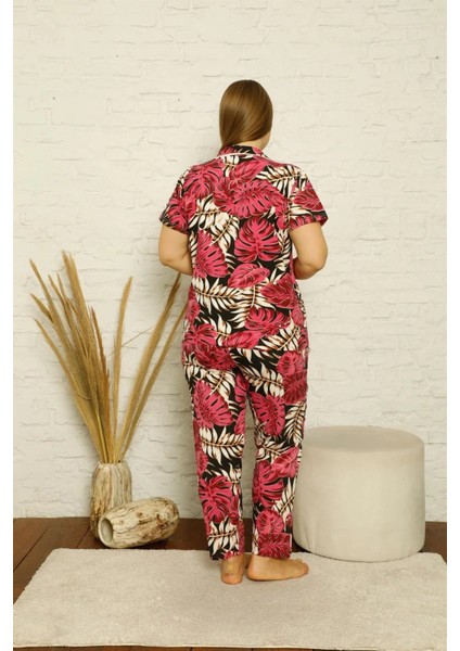 Kadın Pamuklu Cepli Kısa Kol Büyük Beden Pijama Takım Fuşya modelleri