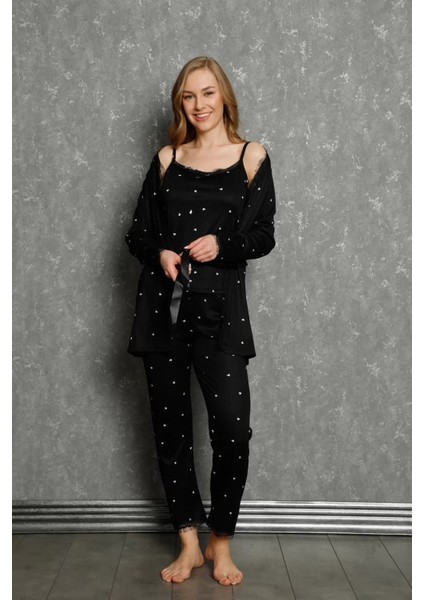 Kadın 3'lü Sabahlık Pijama Takım Siyah