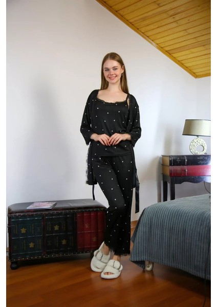 Kadın 3'lü Sabahlık Pijama Takım Siyah fırsatları