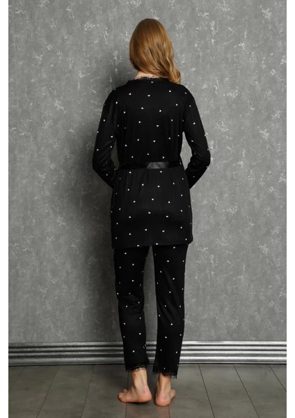 Kadın 3'lü Sabahlık Pijama Takım Siyah