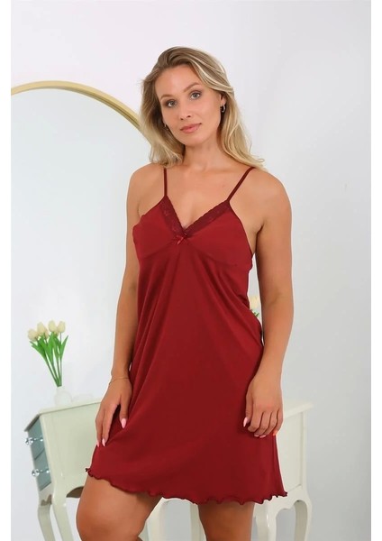 Kadın Pamuklu Ip Askılı Büyük Beden Gecelik Bordo