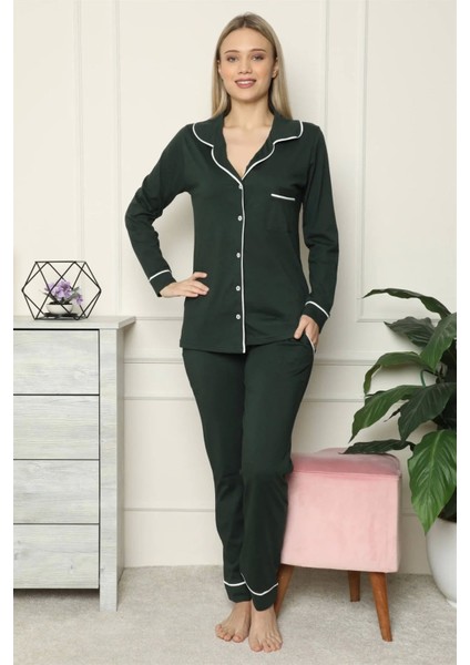 Kadın %100 Pamuk Penye Önden Düğmeli Uzun Kol Pijama Takım Yeşil