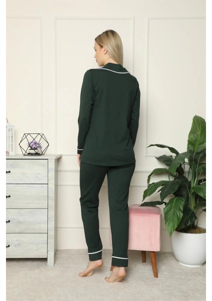 Kadın %100 Pamuk Penye Önden Düğmeli Uzun Kol Pijama Takım Yeşil fırsatları