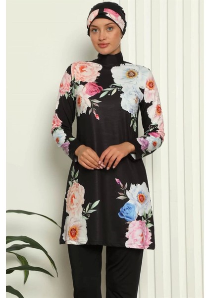 Tam Tesettür Dijital Desenli Mayo Siyah