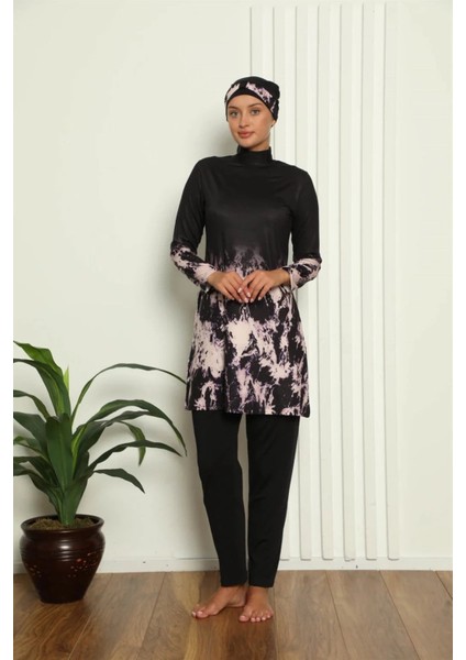 Tam Tesettür Dijital Desenli Mayo Siyah