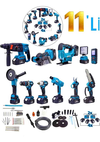 11'li Set, Hilti, Şarjlı Spral, Somun Sıkma, Elektrikli Matkap, Zincirli Testere, Budama Makası, Dekupaj, Lazer Metre, Oto Yıkama, Taşlama