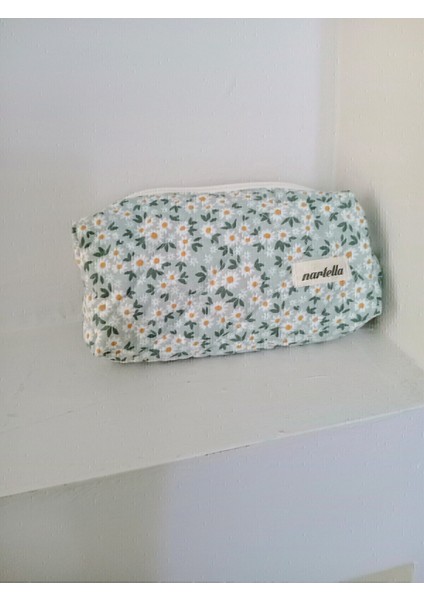 Yeşil Mini Papatya Desenli Elyaf Dolgulu Kalemlik, Okul ve Ofis Için Şık Saklama Kutusu