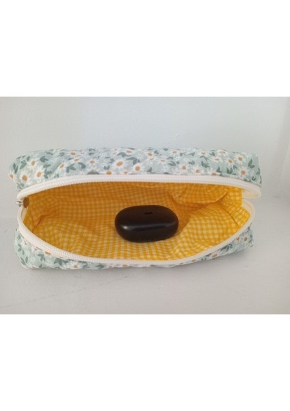 Yeşil Mini Papatya Desenli Elyaf Dolgulu Kalemlik, Okul ve Ofis Için Şık Saklama Kutusu