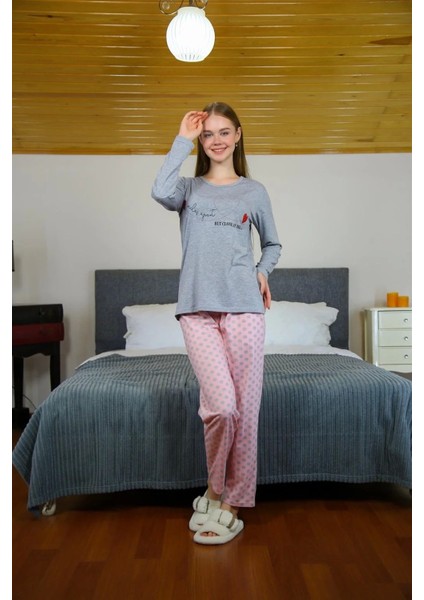 Kadın Penye Uzun Kol Pijama Takım Gri