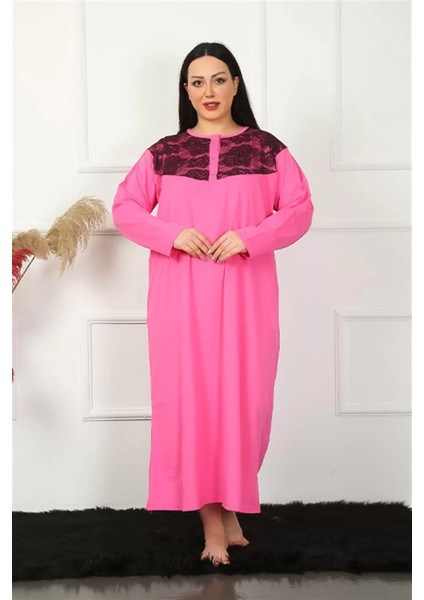 Büyük Beden Uzun Kol Dantelli Fuşya Anne Gecelik