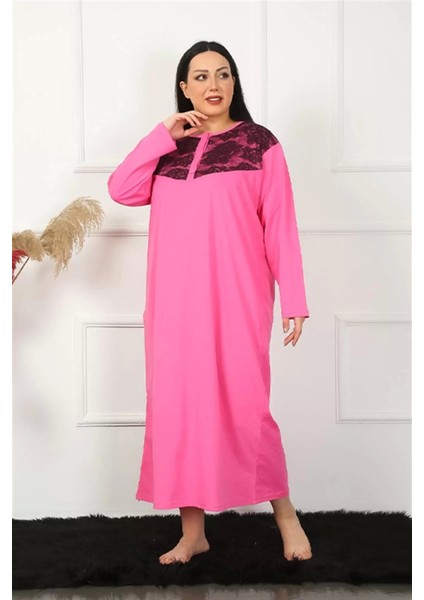 Büyük Beden Uzun Kol Dantelli Fuşya Anne Gecelik fiyatları