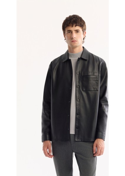 Erkek Siyah Klasik Yaka Suni Deri Comfort Fit Gömlek Ceket A52Y6000 modelleri