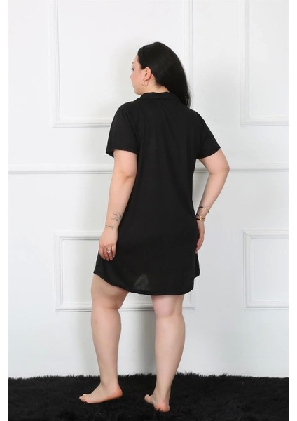 Büyük Beden Penye Düğmeli Siyah Tunik Gecelik fırsatları