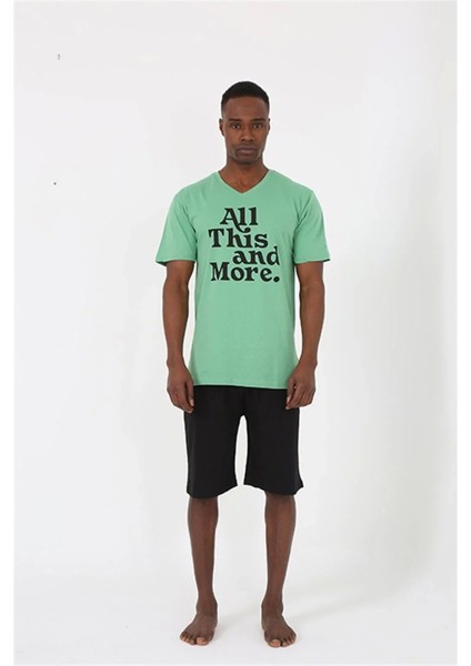 Erkek Kısa Kol Fıstık Yeşili Penye Şortlu Pijama Takımı