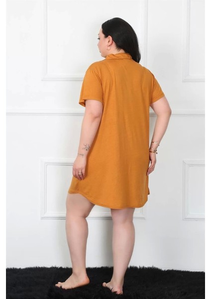 Büyük Beden Penye Düğmeli Hardal Tunik Gecelik fırsatları