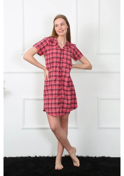 Kadın Dokuma Kumaş Önden Düğmeli Kırmızı Tunik Gecelik