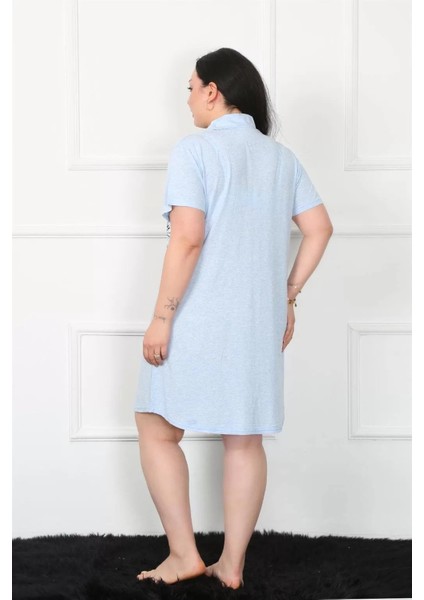 Büyük Beden Penye Düğmeli Mavi Tunik Gecelik fırsatları