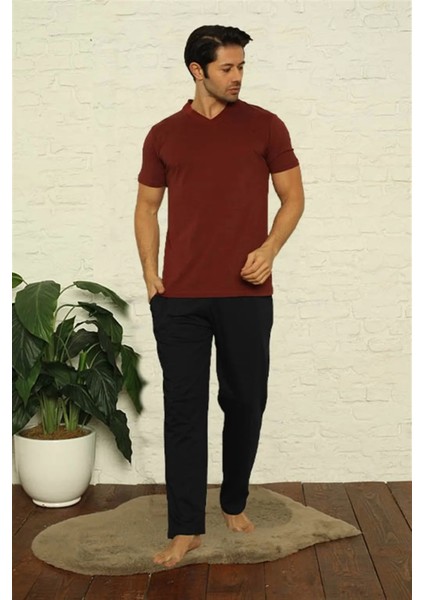 Erkek Bordo V Yaka 3'lü Pijama Takım