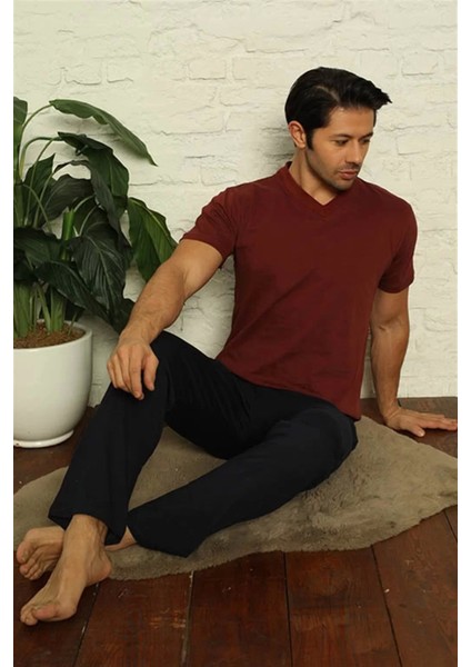 Erkek Bordo V Yaka 3'lü Pijama Takım modelleri