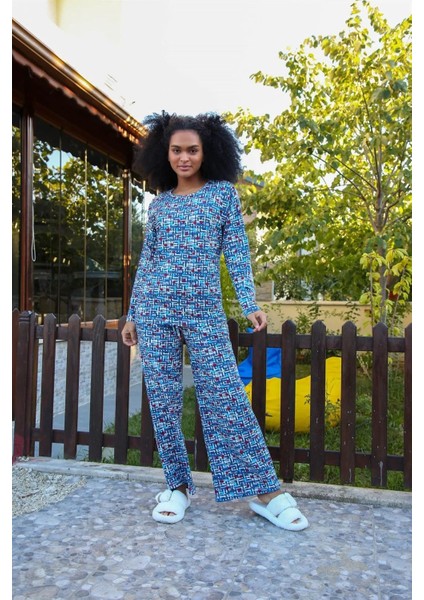 Kadın Penye Bol Paça Pijama Takım Mavi