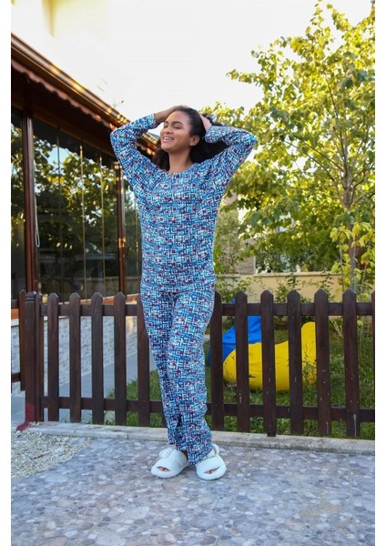 Kadın Penye Bol Paça Pijama Takım Mavi modelleri