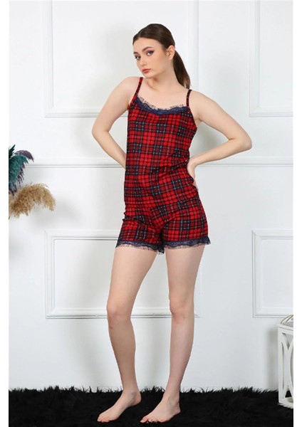 Kadın Ip Askılı Ekoseli Şortlu Takım Kırmızı