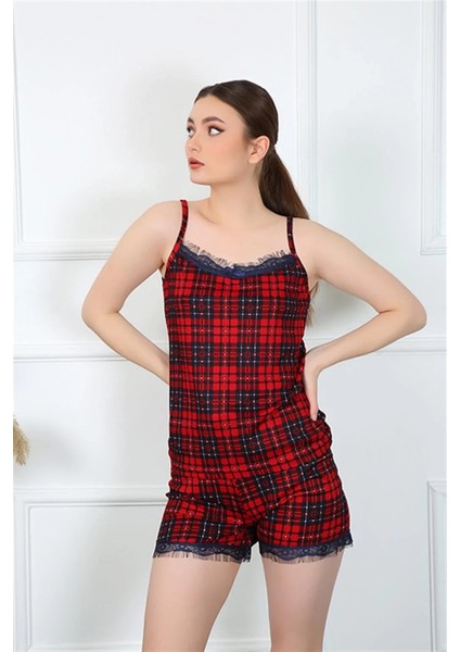 Kadın Ip Askılı Ekoseli Şortlu Takım Kırmızı fiyatları