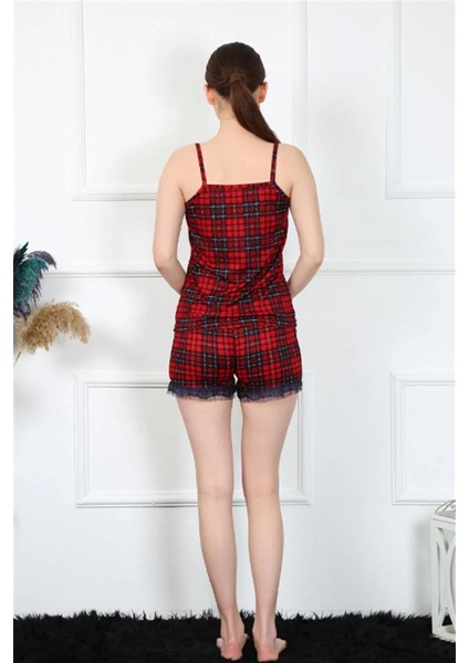 Kadın Ip Askılı Ekoseli Şortlu Takım Kırmızı fırsatları