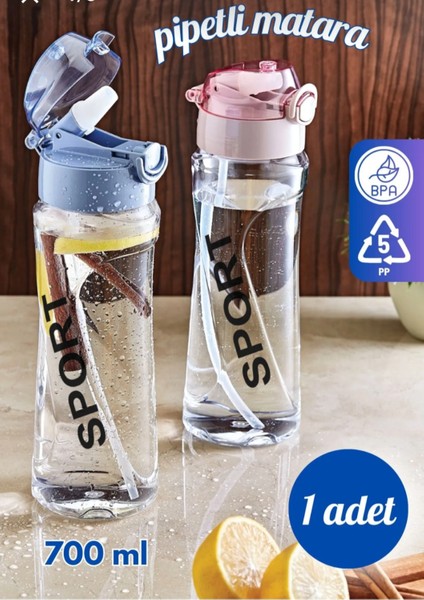 Gri Polikarbon Pipetli 700 ml Sızdırmaz Sporcu ve Okul Su Şişesi