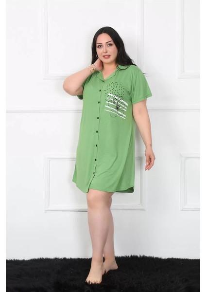 Büyük Beden Penye Düğmeli Yeşil Tunik Gecelik