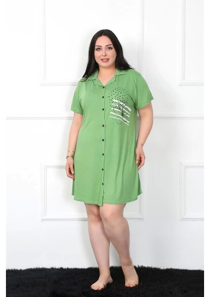 Büyük Beden Penye Düğmeli Yeşil Tunik Gecelik fiyatları