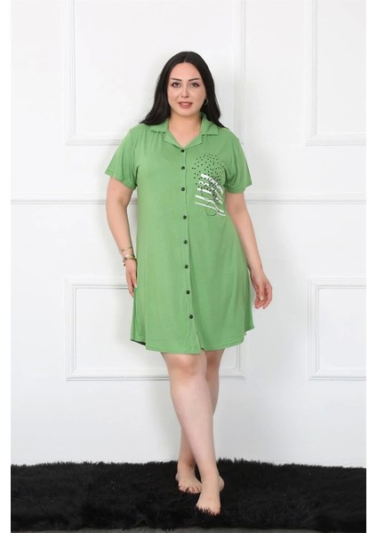 Büyük Beden Penye Düğmeli Yeşil Tunik Gecelik modelleri