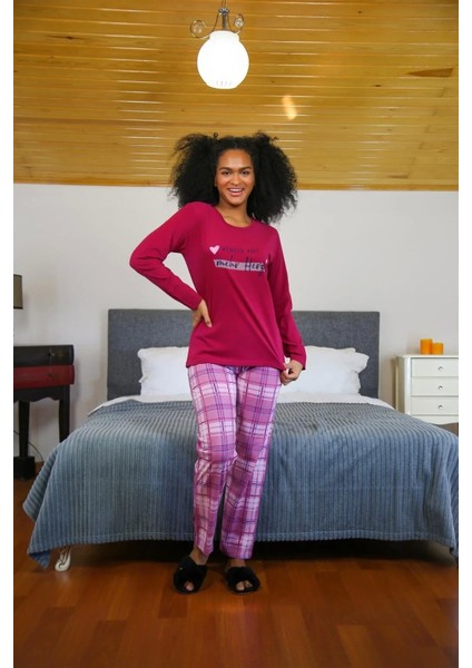 Kadın Penye Uzun Kol Pijama Takım Bordo