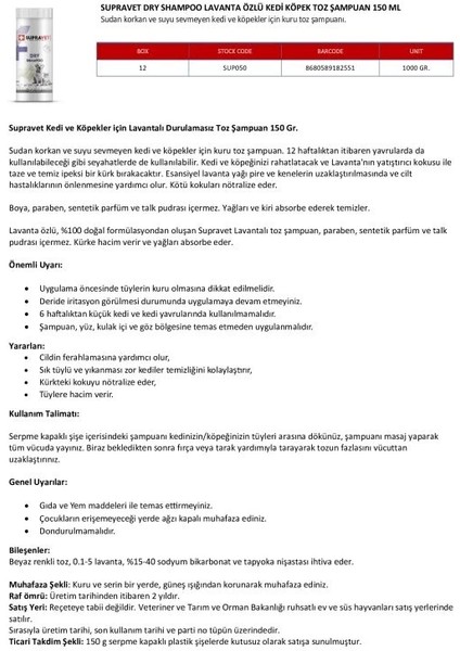 Dry Shampoo Lavanta Özlü Kedi ve Köpek Toz Şampuan 150 ml modelleri