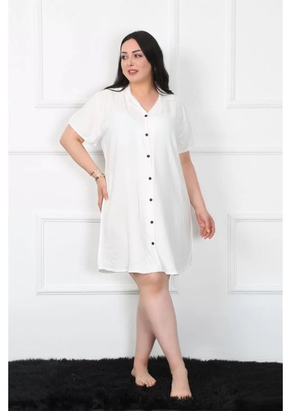 Büyük Beden Dokuma Düğmeli Beyaz Tunik Gecelik fiyatları