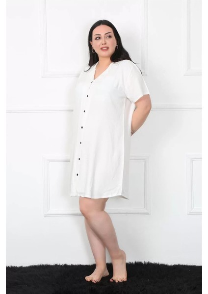 Büyük Beden Dokuma Düğmeli Beyaz Tunik Gecelik modelleri
