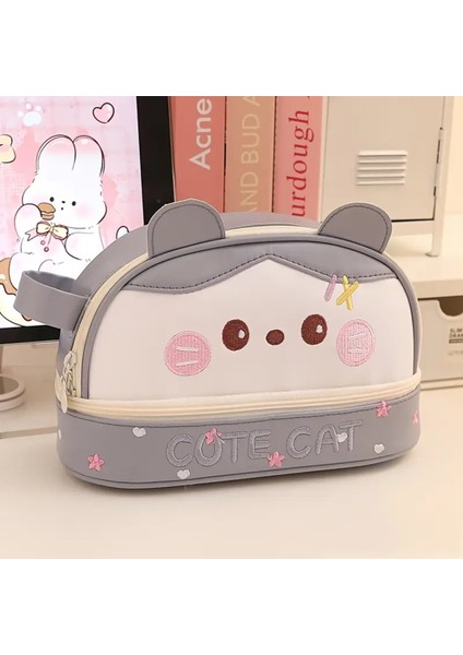 Sevimli Gri Kedi Desenli Büyük Kapasiteli Suni Deri Kalem Kutusu