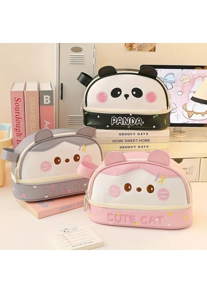 Sevimli Gri Kedi Desenli Büyük Kapasiteli Suni Deri Kalem Kutusu fiyatları