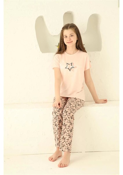 Kız Çocuk Pamuk Kısa Kollu Pijama Takımı Somon