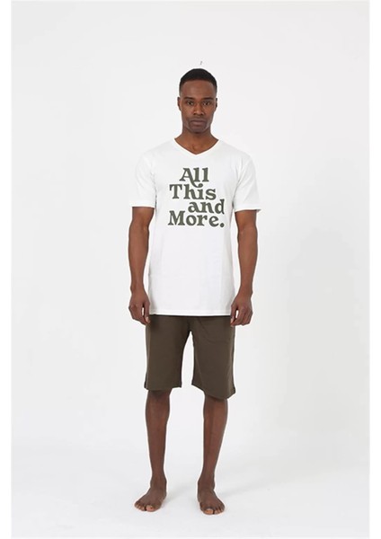 Erkek Kısa Kol Ekru Penye Şortlu Pijama Takımı