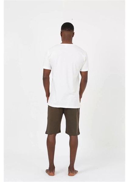 Erkek Kısa Kol Ekru Penye Şortlu Pijama Takımı