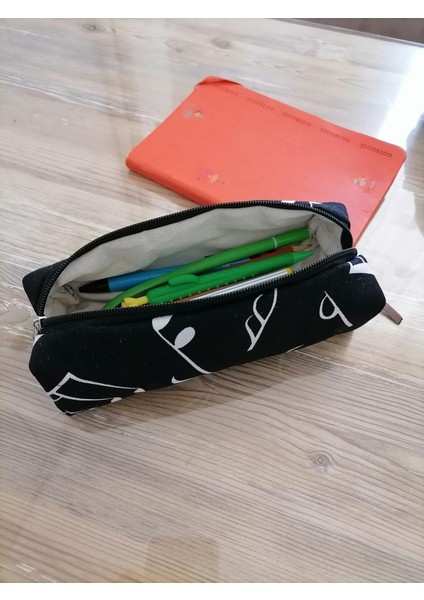 Su Geçirmez Müzik Notalı Siyah Kalem Kutusu, Yıkanabilir, Fermuarlı, 21X8 cm