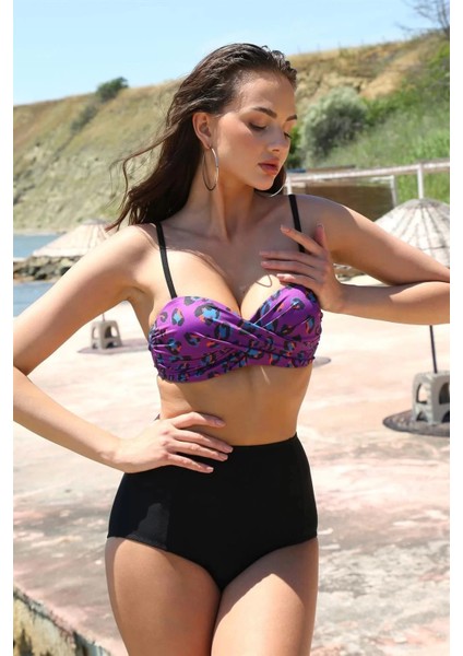 Kadın Yüksel Bel Straplez Mor Bikini fiyatları