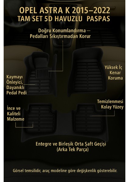 Opel Astra K 2015 5d Havuzlu Paspas Tam Set Siyah – Arka Tek Parça, Eva Dolgu, Dikişsiz Pres, Kaymaz Topukluk Pedli, Kokusuz modelleri