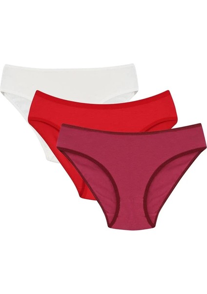 Kadın 3'lü Külot Bordo - Kırmızı - Krem