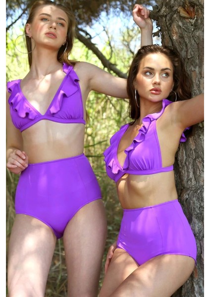 Kadın Fırfırlı Yüksek Bel Mor Bikini modelleri