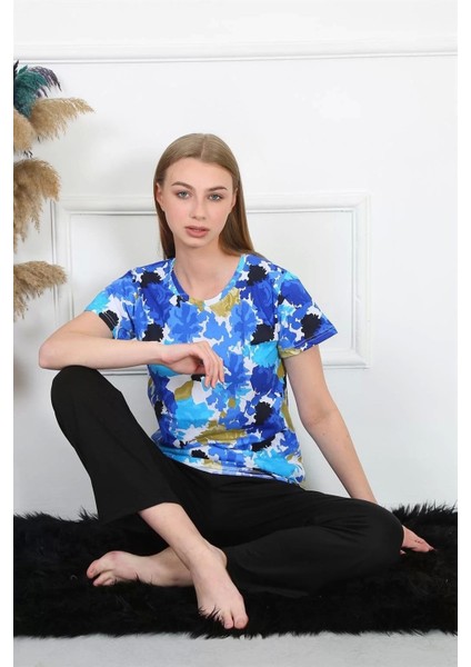 Kadın Penye Kısa Kol Pijama Takım Saks modelleri