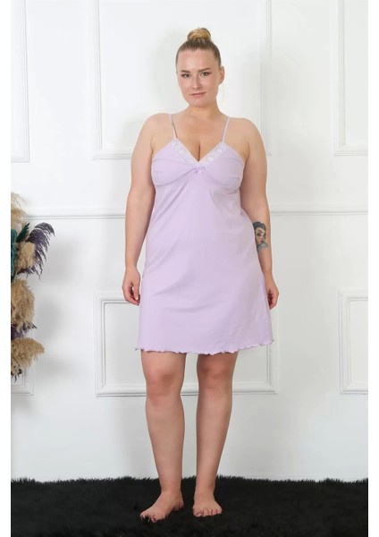 Kadın Lila Pamuklu Ip Askılı Büyük Beden Gecelik