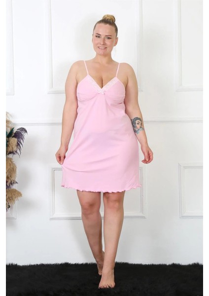 Kadın Pembe Pamuklu Ip Askılı Büyük Beden Gecelik