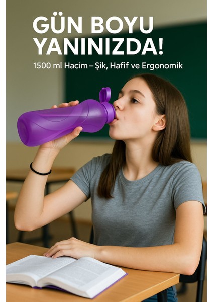 1500 ml Mor Su Şişesi, Okul, Spor ve Işyerine Uygun, Dayanıklı ve Şık Tasarım
